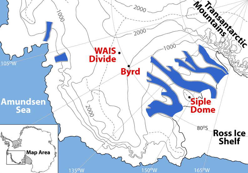 Map of West Antarctica showing the location of the WAIS Divide ice core (WDC). Credit: T.J. Fudge